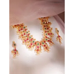 Rubans 24K Gold-Plated Handcrafted Red & Green Stone Studded Temple Necklace Set-picture-27