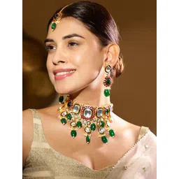 Rubans 24K Gold-Plated Kundan & Green Beaded Choker Necklace Set with Red Stone Accents-picture-28