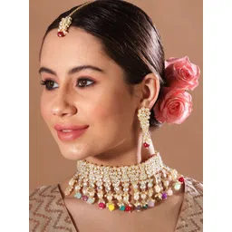 Rubans 24K Gold Plated Kundan Stone Studded Multicolor Pearl & Beaded Choker Jewellery Set-picture-35