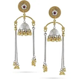 rubans Dual-Tone Oxidised Silver-Plated Gold Beaded Dome Jhumka Earrings with Ruby & Chain Dangles for Women –Festive & Wedding Looks-picture-12