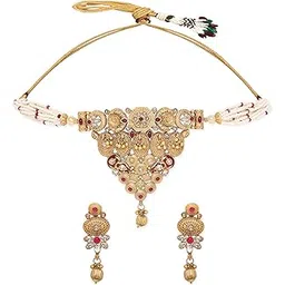 rubans Gold-Toned Handcrafted Artificial Jewelry Choker Set with White Beads & Matching Earrings For Women and Girls – Perfect for Weddings and Special Occasions-picture-15