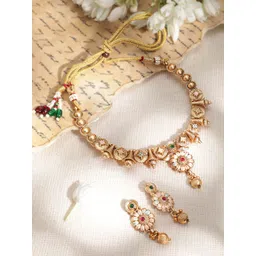 Rubans Luxury 22KT Gold Plated Brass Red and Green Stone Studded Floral Jewellery Set-picture-31