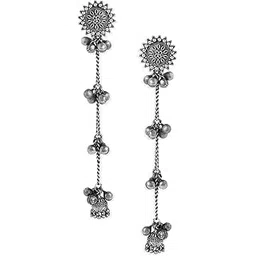 rubans Oxidised Collection Silver Plated Flower Detailing & Ghungroo Beaded Contemporary Shoulder Duster Drop Earrings for Women & Girls, Ideal for Festive & Special Occasions-picture-11