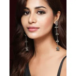 Rubans Oxidised Silver-Plated Long Contemporary Drop Earrings-picture-16