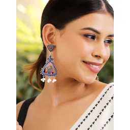 Rubans Oxidised Silver-Plated Peacock Design Drop Earrings with Blue & Red Stones-picture-17