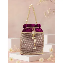 Rubans Purple Velvet Potli Bag with Pearl Handle, Golden Embroidery & Stone Detailing-picture-18