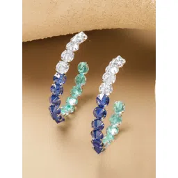 Rubans Rhodium-Plated Aqua Green, Blue AD & Crystal Zirconia Hoop Earrings-picture-25