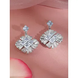 Rubans Rhodium-Plated Cubic Zirconia Studded Contemporary Drop Earrings-picture-23