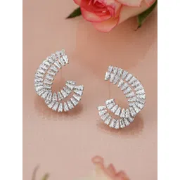 Rubans Rhodium-Plated White Cubic Zirconia Studded Spiral Design Stud Earrings-picture-11