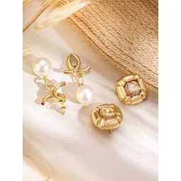 Rubans Set of 2 18K Gold-Plated Pearls Studded Contemporary Shaped Drop Earrings-picture-34