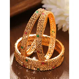 Rubans Set of 2 22K Gold-Plated Antique Bangles with Ruby Red & Emerald Green Stones-picture-15