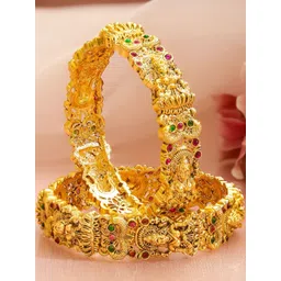 Rubans Set of 2 24K Gold-Plated Ruby & Green Stones Divine Lakshmi Temple Bangles-picture-23