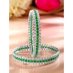 Rubans Set of 2 Rhodium Plated Emerald Green & White Cubic Zirconia Studded Luxe Bangles-picture-31