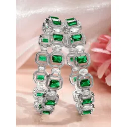Rubans Set of 2 Rhodium-Plated Emerald Green & White CZ Studded Floral Bangles-picture-33