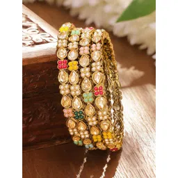Rubans Set of 4 18K Gold-Plated Kundan Studded Antique Bangles-picture-26