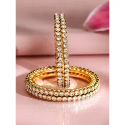 Rubans Set of 4, 22K Gold-Plated Kundan Studded Handcrafted Bangles with Green Borders-picture-19