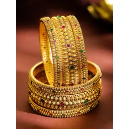 Rubans Set of 6 22K Gold-Plated Brass Red & Green Stones Temple Heritage Bangles-picture-32