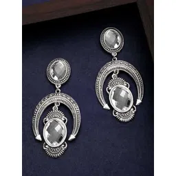 Rubans Silver-Plated Oval American Diamond Oxidised Drop Earrings-picture-22