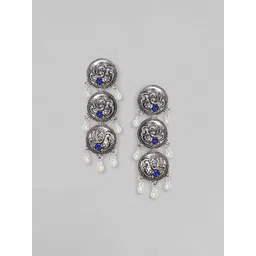 Rubans Silver-Plated Oxidized Stone Studded & Pearls Beaded Drop Earrings-picture-32