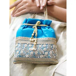 Rubans Women Embellished Wrist Loop Potli Clutch with Golden Zari Border & Beaded Handle-picture-20