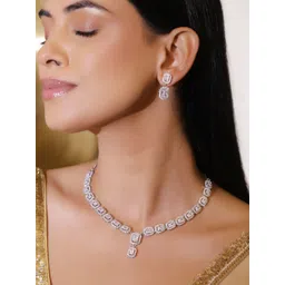 rubans Women Rhodium-Plated Brass White Cubic Zirconia Studded Classic Necklace Set with Earring-picture-11