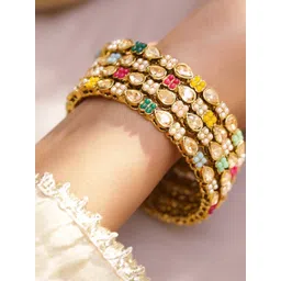 Rubans Women Set of 4 Gold-Plated Brass Kundan & Pearl Handcrafted Bangles Set-picture-41