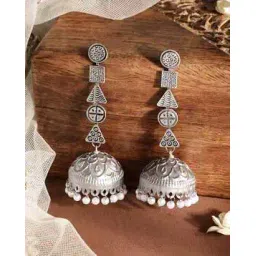rubans Women Silver-Plated Stone-Studded Pearl-Beaded Jhumkas-picture-13