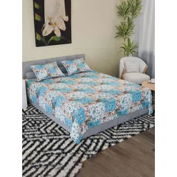 RUBOXA Blue & White Floral 144 TC King Bedsheet with 2 Pillow Covers-picture-31