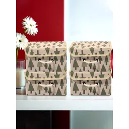 RUBOXA Cream Colored & Green 4 Pieces Printed Cotton Foldable Drawer Organiser-picture-33