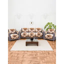 RUBOXA Cream-Coloured & Brown 16 Pieces Printed Cotton 5 Seater Sofa Covers With Arms-image-22