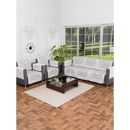 RUBOXA Cream-Coloured & Off White Printed Cotton Sofa Cover With Arms-image-6