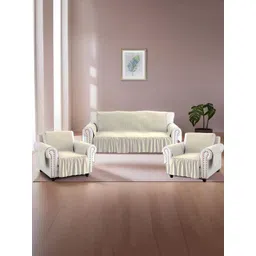 RUBOXA Cream-Coloured Solid Velvet 3 Piece Sofa Cover With Arms-image-38