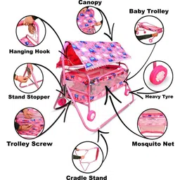 rudra creations Baby Cradle with Wheels, Foldable Design with Canopy for 0-12 Months Baby image 5