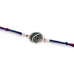 Handcrafted Traditional Bhaiya Rakhi with Silver-Toned Pendant, Blue and Red Thread-image-2