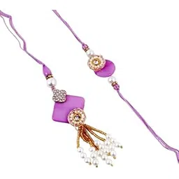 Handmade Bhaiya Bhabhi Rakhi Set, Purple Thread with Pearl and Crystal Embellishments, Traditional Design-image-10