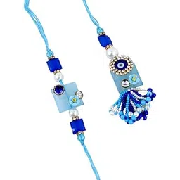 Handmade Bhaiya Bhabhi Rakhi Set with Evil Eye Design, Blue and White Pearl Beads, Traditional Raksha Bandhan Gift-image-6