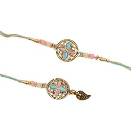 Traditional Bhaiya-Bhabhi Rakhi Set, Blue and Pink Medallion Design with Leaf Charm, 20 cm Length.-image-1