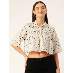 Rue Collection Polka Dot Print Flared Sleeves Shirt Style Crop Top-picture-27