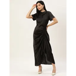 Rue Collection Women Black Solid Ruched Satin Maxi Dress-picture-36