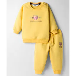 RUFF Knit Full Sleeves Sweatshirt & Jogger Set With Text Print - Lemon-picture-15