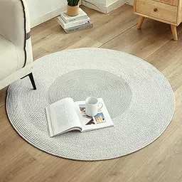 RUGSZON Classic Natural Hand Woven Area Rugs- Cotton and Linen Nordic Flax Woven Circular Floor mat - Home Decor for Living Room, Bedroom mat Round Natural Flax (70 X 70 CM Round, Grey)-picture-11