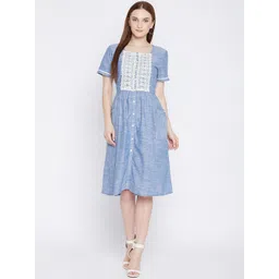 Ruhaans Women Blue Ethnic Motifs Cashmere A-Line Dress-picture-36