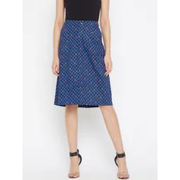 Ruhaans Women Blue Printed Knee-Length A-line Pure Cotton Skirt-picture-13