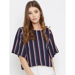 Ruhaans Women Navy Blue & White Striped Boxy Top-picture-32