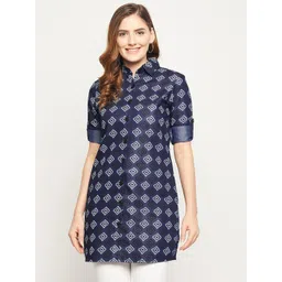 Ruhaans Women Navy Blue Classic Denim Printed Longline Shirt-picture-27