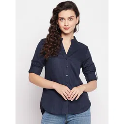 Ruhaans Women Navy Blue Classic Solid Cotton Casual Shirt-picture-26