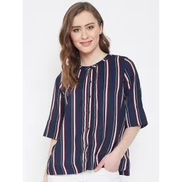 Ruhaans Women Navy Blue Classic Striped Casual Shirt-picture-19