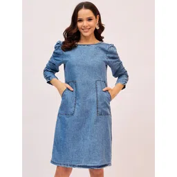 Ruhaans Women Round Neck Denim A-Line Dress-picture-38