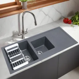 ruhe 12mm Thick Quartz Double Bowl with Drainboard Kitchen Sink (45 x 20 x 9 Inches) Natural Smoke Grey Granite Stone Matt Finish Double Bowl with Drainboard Sink Vessel Sink-picture-23