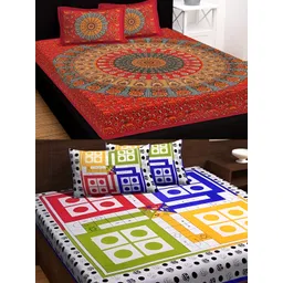 Runjhun White & Green Ethnic Motifs 144 TC 2 Queen Bedsheet with 4 Pillow Covers-picture-26